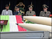 Iranian leaders review (unidentified) rockets at Tehran military parade on 18 April 2006